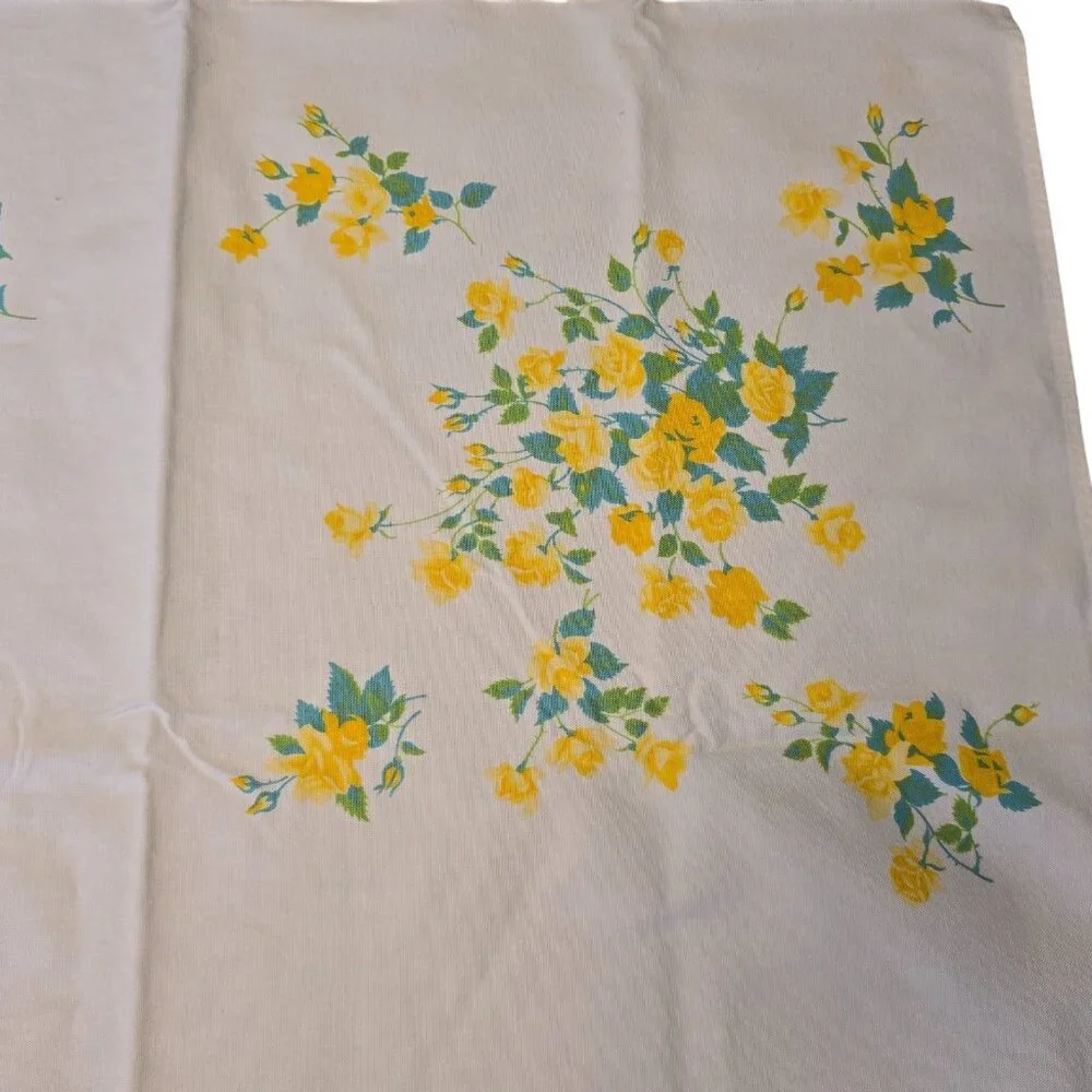 Vintage Floral Tablecloth 53x65 Yellow Roses Mid-Century Country Cottage Style